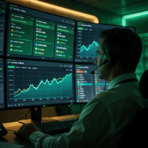Abstract dark holographic render of autonomous digital workers orchestrating multi-system enterprise tasks under human-in-the-loop approval gates