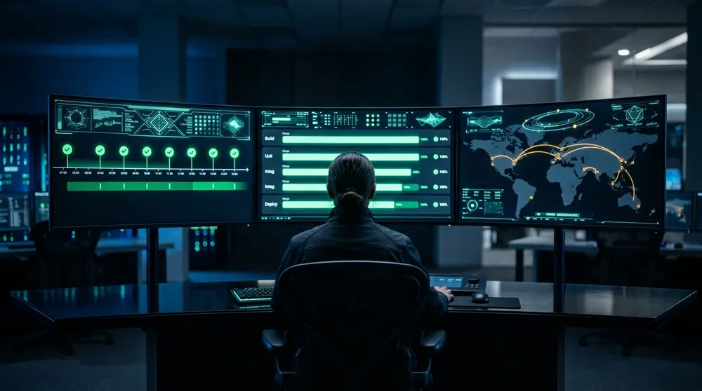 Operations engineer monitoring a dark command center wall of screens showing backup snapshots, test pipelines, and recovery runbooks with phosphor-mint and amber accent lighting reflecting on a polished console