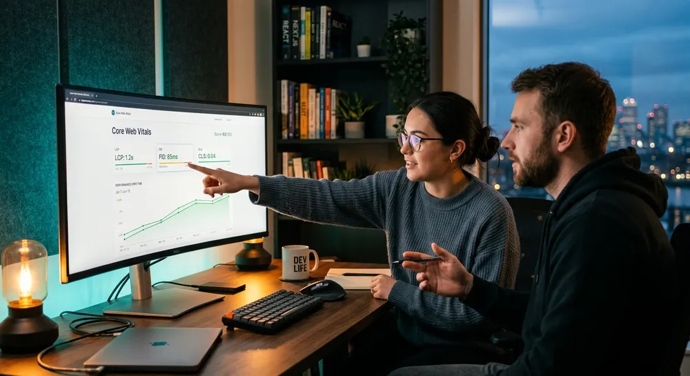 Two web engineers in a dark studio office reviewing a migrated website's performance graphs on a widescreen monitor, warm amber lamp light mixing with teal accent lighting