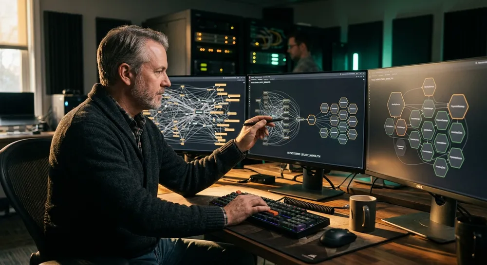 Senior software architect in a charcoal cardigan reviewing dependency graph visualizations of a legacy monolith across three monitors in a dim engineering lab with amber and mint accent lighting