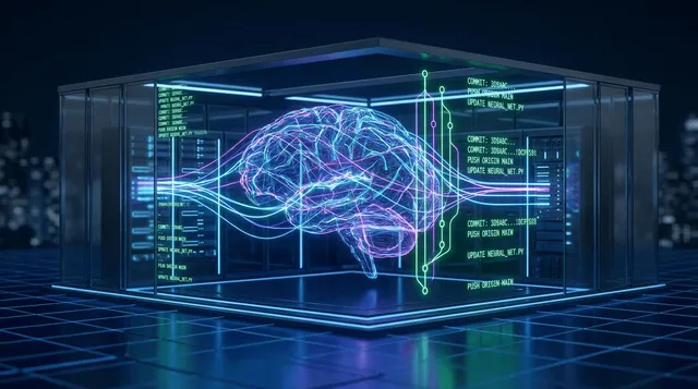 Digital neural network mapping of code repositories connected to terminals and git graphs in a futuristic dark three-dimensional visualization