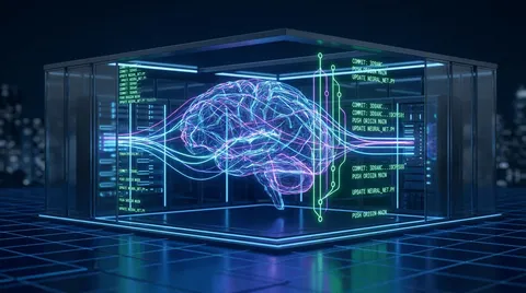 Futuristic dark operations console showing hardened web server telemetry, intrusion prevention dashboards, Kubernetes clusters and Helm release charts
