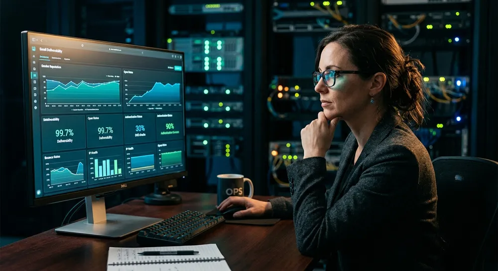 Email operations specialist in a charcoal blazer reviewing email deliverability analytics dashboards on a large monitor in a dark server room lit by phosphor-mint status lights