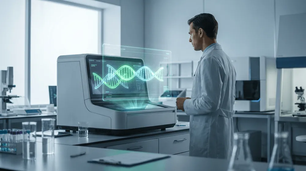 Clinical laboratory research workspace showing DNA sequence models and clinical dashboards in high-fidelity photography