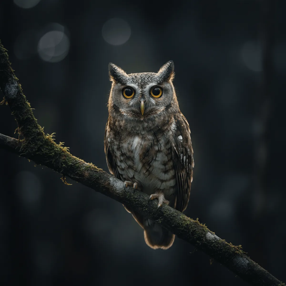 Scops owl with luminous tawny-gold eyes and raised ear tufts perched alert on a mossy branch in dark jungle night, plumage melting into shadow