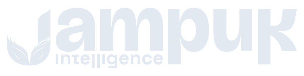 Jampuk Intelligence logo - white scops-owl J monogram with white Jampuk wordmark and white Intelligence subtext for dark backgrounds