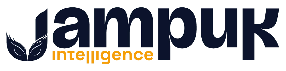Jampuk Intelligence primary logo - navy scops-owl J monogram with navy Jampuk wordmark and amber Intelligence subtext