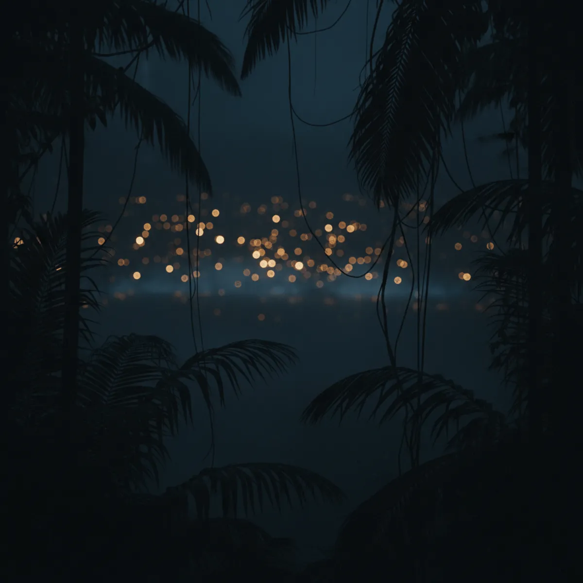 Blurred midnight tropical rainforest canopy with drifting mist and sparse warm amber bokeh lights glowing through the darkness