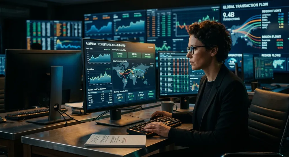 Financial engineer reviewing a multi-provider payment orchestration dashboard showing real-time fee and tax calculations across global transactions in a dark trading-floor environment with amber and phosphor-mint accent lighting