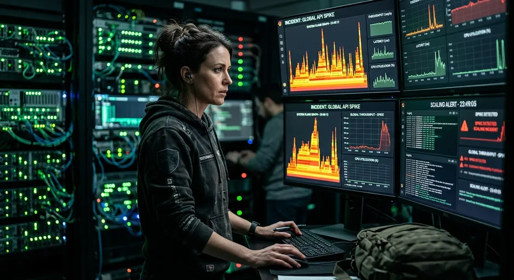 Performance engineer in a dark hoodie watching flame-graph profiles and live throughput dashboards spike across a wall of monitors during a late-night scaling incident in a server room glowing with phosphor-mint status lights