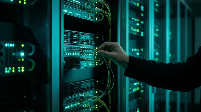 Abstract holographic render of a secure private cloud mesh glowing with phosphor-mint data threads inside a nocturne-lit data center
