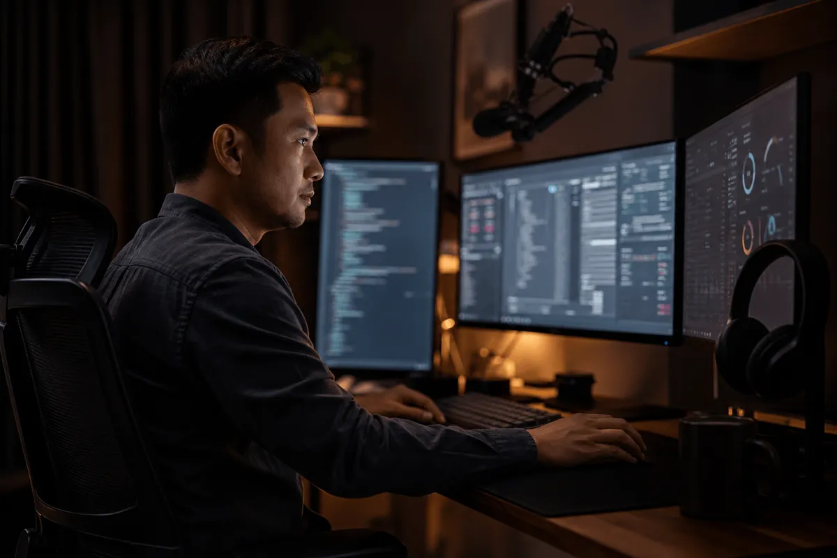 Software engineer viewed from behind at a triple-monitor workstation at night, broadcast microphone on boom arm and headphones on stand, lit by warm desk-lamp and cool screen glow