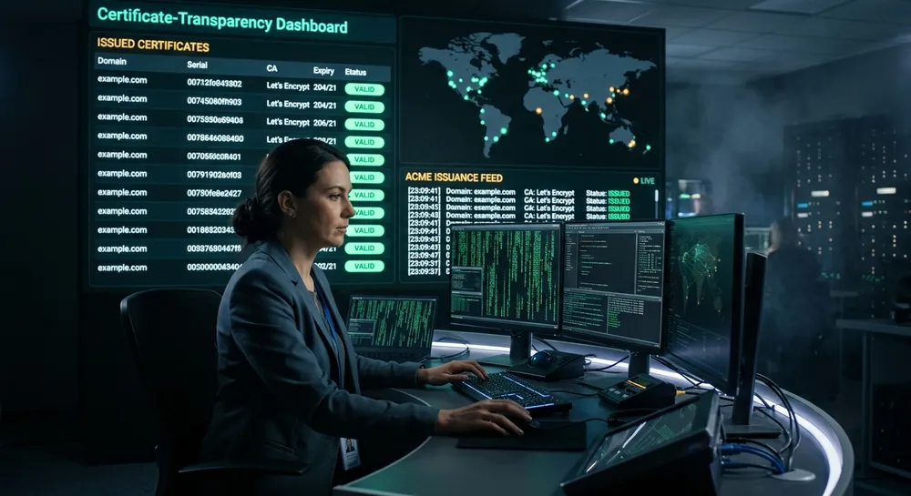 Security engineer monitoring a certificate transparency dashboard showing automated SSL certificate issuance across global edge nodes in a dark operations center with phosphor-mint accent lighting