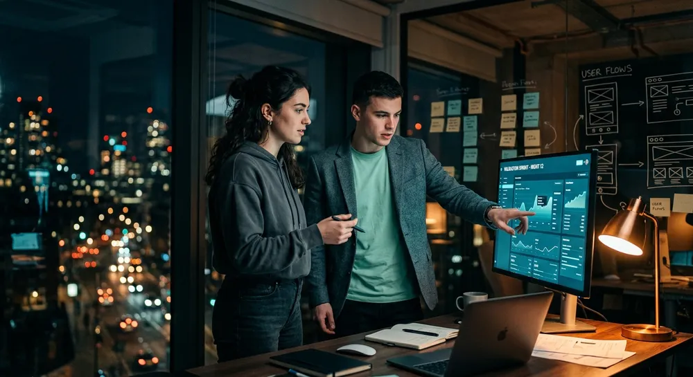 Startup founders reviewing a glowing product prototype interface on a studio monitor during a late-night validation sprint in a dark modern office with phosphor-mint accent lighting