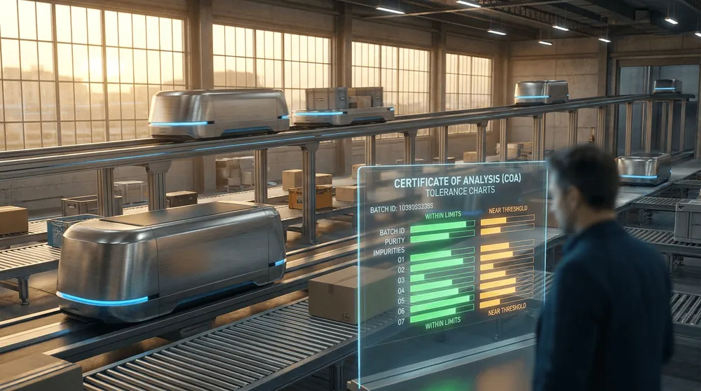 Automated logistics facility with transparent COA tolerance overlay dashboards in golden hour lighting