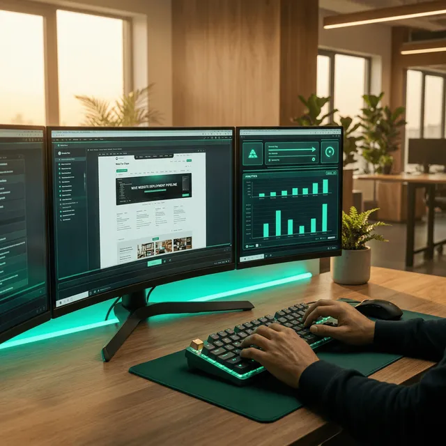 Network operations engineer inspecting a deliverability dashboard in a dimly lit server room with phosphor-mint glow