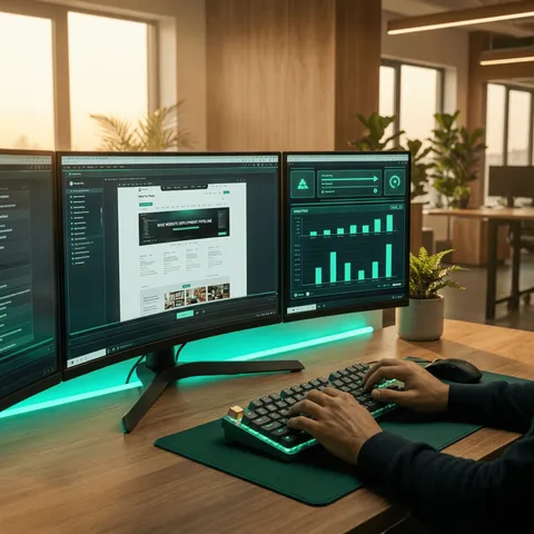 Dark studio render of a full-stack web delivery pipeline with GitOps deployment manifests flowing to a Kubernetes cluster and source code handover artifacts