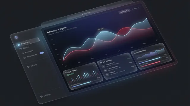 Premium modern web application interface mockup displayed on a studio monitor with soft golden-hour ambient lighting